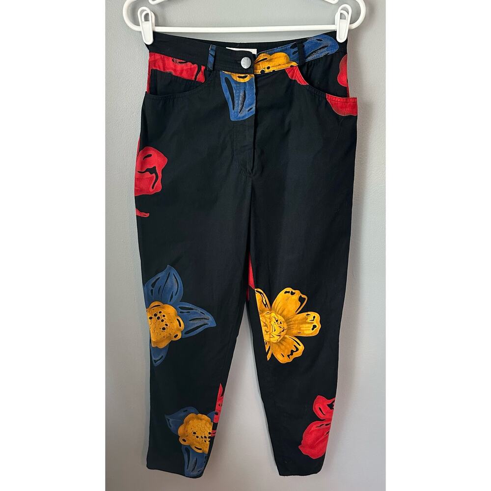 Black Vintage Complice Straight-Leg Pants with Red, Yellow & Blue Floral Print